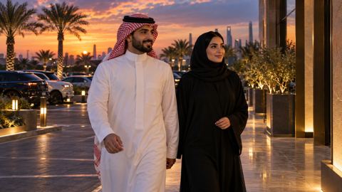 زوجان سعوديان يصلان إلى موقف سيارات مضاء أمام مكان ترفيهي وقت الغروب