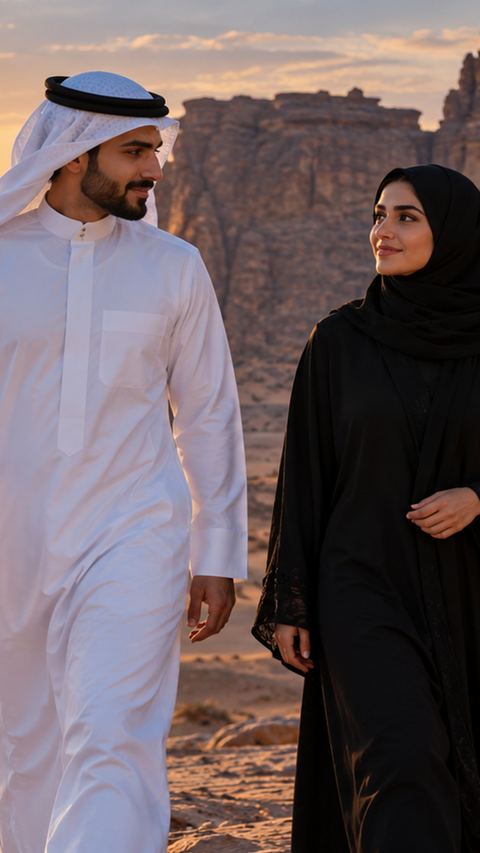 سعودي، زوجين، ضوء، يمشي