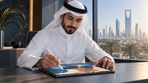 مصمم سعودي يعدّل عناصر بصرية على جهاز لوحي بالقلم في مكتب مشمس