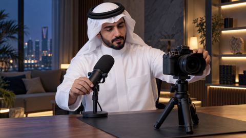 صانع محتوى سعودي يجهز مايكروفوناً وكاميرا على مكتبه