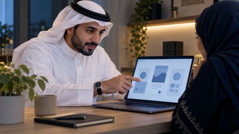 صانع محتوى سعودي يعرض نموذجاً رقمياً بسيطاً على شخص آخر