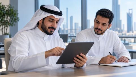 عميل سعودي يجرب نموذج منتج على جهاز لوحي وعضو الفريق يدوّن ملاحظاته
