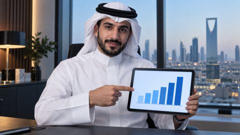 محلل بيانات سعودي بالثوب يشير إلى رسوم بيانية بسيطة على جهاز لوحي