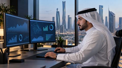 محلل بيانات سعودي أمام شاشتين تعرضان رسوماً ولوحات بيانات في مكتب بالرياض