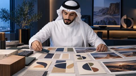 مصمم سعودي يرتب عينات ألوان وشعارات وصوراً مطبوعة على طاولة الاستوديو