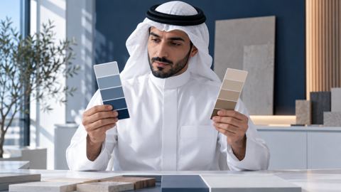 مصمم سعودي يقارن بطاقتي عينات ألوان في استوديو مضيء