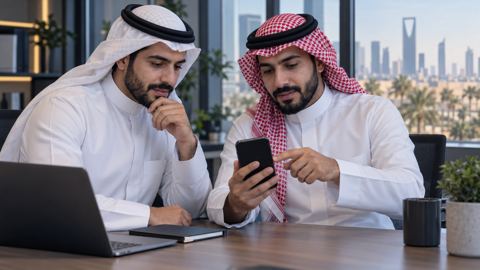 مصمم ومبرمج سعوديان يتفحصان نموذج تطبيق جوال على مكتب مشترك