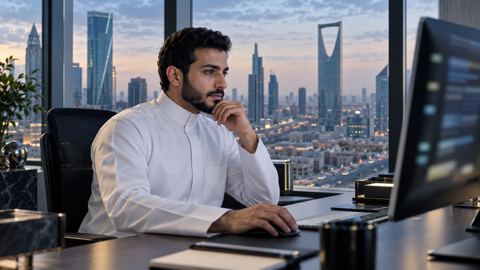 مختص تسويق رقمي سعودي يراجع صفحة نتائج بحث وخطة محتوى على شاشة كبيرة