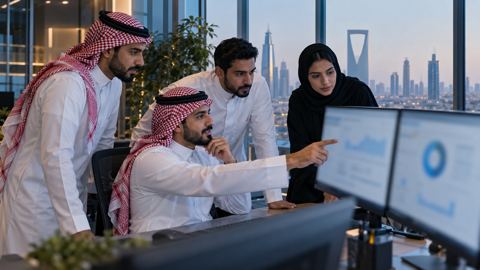 فريق تسويق رقمي سعودي يراجع أداء البحث معاً في مكتب بالرياض