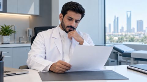 طبيب سعودي بمعطف أبيض يراجع تقرير تحاليل مطبوعاً في عيادة مضيئة