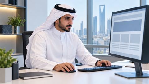 محرر سعودي يعدّل صفحة موقع موجودة على مكتب مضيء