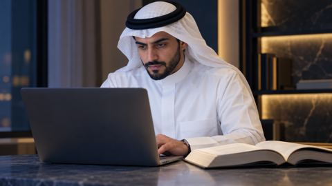 محرر سعودي يدقق في اللابتوب بجانب كتاب مرجعي مفتوح
