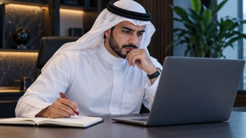محرر سعودي يراجع مسودة على اللابتوب وبجانبه قلم أحمر ودفتر