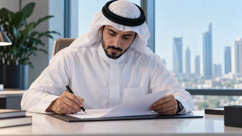 محرر سعودي يصحح مسودة مطبوعة بالقلم على مكتب مضيء