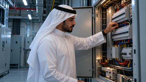 مهندس كهرباء سعودي بملابس حماية يفحص لوحة توزيع كهربائي في غرفة خدمات مبنى