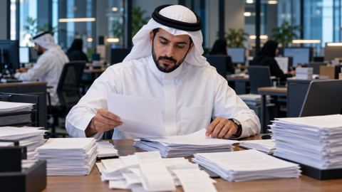 موظف سعودي في مكتب شركة تجزئة تحيط به إيصالات المبيعات وكشوف المخزون