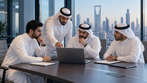 موظفون سعوديون يعملون معاً حول طاولة اجتماعات في مكتب شركة حديث