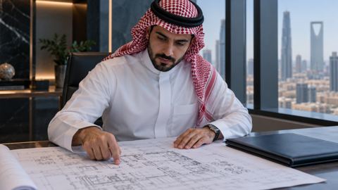 مهندس سعودي يراجع المخططات المعمارية بجانب ملف عقد مغلق