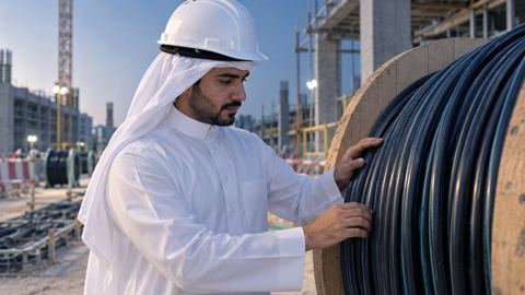 مهندس سعودي بخوذة يتفحص بكرة كابلات ألياف بصرية في موقع منظم
