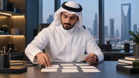 رائد أعمال سعودي يرتب بطاقات تخطيط على مكتبه
