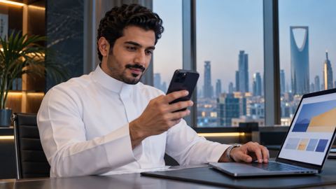 رائد أعمال سعودي يتفقد موقعاً متجاوباً على جواله بجانب اللابتوب