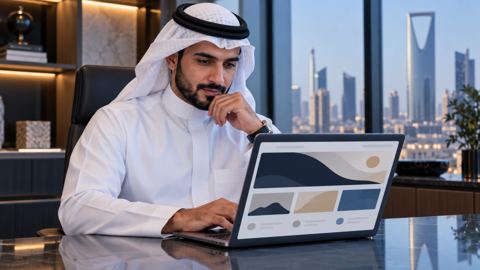 رائد أعمال سعودي يتفحص تصميم موقع أنيقاً على اللابتوب في مكتب عصري
