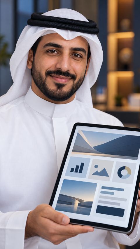 رائد أعمال سعودي يمسك جهازاً لوحياً يعرض مكونات موقع وأيقونات