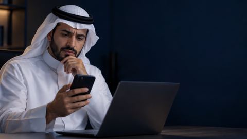 رائد أعمال سعودي متردد أمام جواله بجانب لابتوب مفتوح
