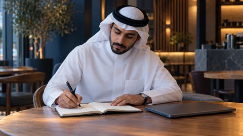 رائد أعمال سعودي في مقهى يكتب أفكار منتجه وملاحظات عملائه في دفتر