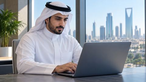 رائد أعمال سعودي يدرس ترتيب المواقع في البحث على اللابتوب