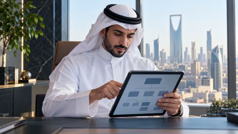 رائد أعمال سعودي بالثوب يراجع مخطط هيكل موقع على جهاز لوحي في مكتب بالرياض