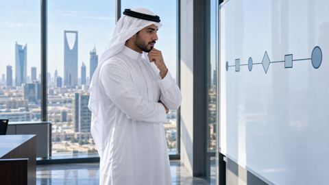 رائد أعمال سعودي بالثوب يتأمل خطاً زمنياً للأعمال على سبورة في مكتب مضيء