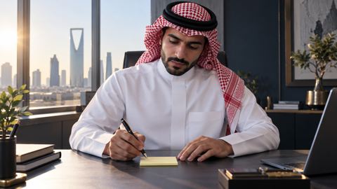رائد أعمال سعودي يكتب هدفاً واحداً على ورقة لاصقة مع ضوء الصباح