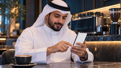 رائد أعمال سعودي يتصفح الإنترنت من جواله على طاولة مقهى