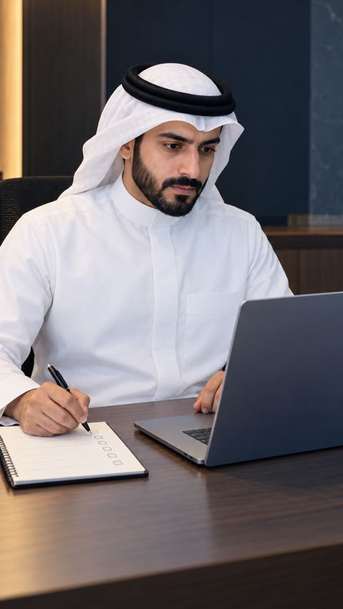 رائد أعمال سعودي بثوب أبيض أمام لابتوب ودفتر قائمة مهام بتركيز