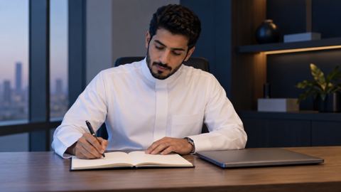 رائد أعمال سعودي يكتب صفات عميله المثالي في دفتر قبل أن يفتح اللابتوب