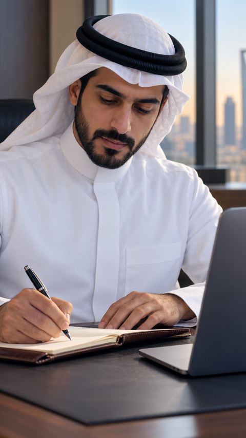 رائد أعمال سعودي يكتب ثلاث نقاط مرقمة في دفتر جلدي بجانب اللابتوب