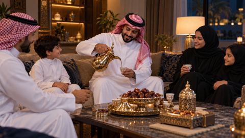 عائلة سعودية في صالة دافئة وعلى الطاولة قهوة عربية وتمر