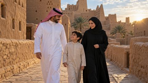 سعودي، عائلة، يمشي، طوب