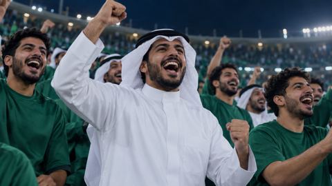 مشجعون سعوديون بملابس خضراء يهتفون في مدرج الملعب ليلاً