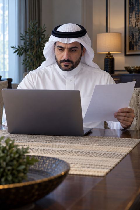 سعودي، أب، لابتوب، طاولة