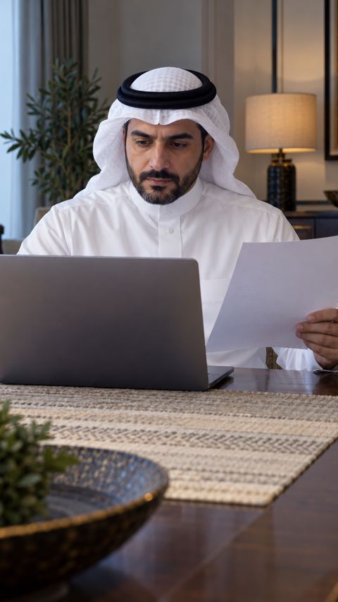 سعودي، أب، لابتوب، طاولة