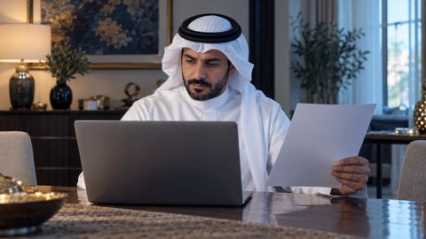 أب سعودي على طاولة الطعام أمام لابتوب ويمسك ورقة من مدرسة أولاده