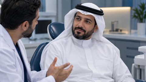 أب سعودي يستمع باهتمام لطبيب الأسنان أثناء الاستشارة