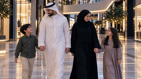 عائلة سعودية تتمشى في ممر تسوق وترفيه مكيف