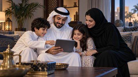 أب وأم سعوديان مع أطفالهما يخططون لرحلة عائلية على جهاز لوحي