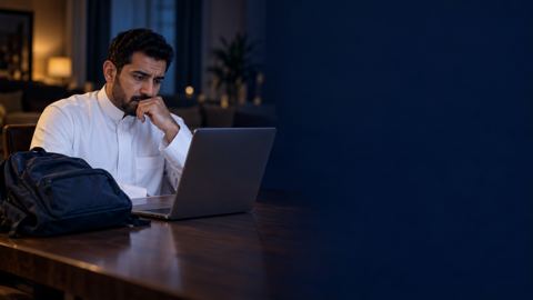 أب سعودي بالثوب متردد أمام لابتوبه وبجانبه حقيبة طفله المدرسية