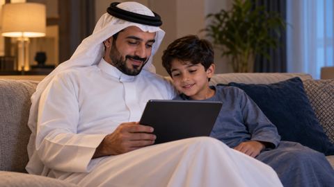 أب سعودي بالثوب على الكنب مع ابنه الصغير ينظران إلى جهاز لوحي