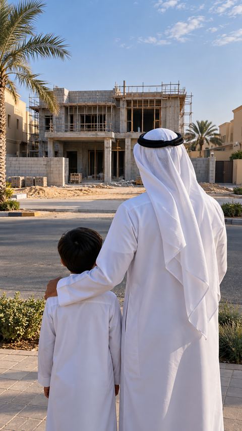 أب سعودي وابنه يتابعان بناء بيتهما من الجهة المقابلة للشارع، من الخلف