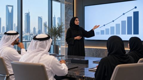 موظفة سعودية تعرض على زملائها رسماً لنموذج عمل بالاشتراك